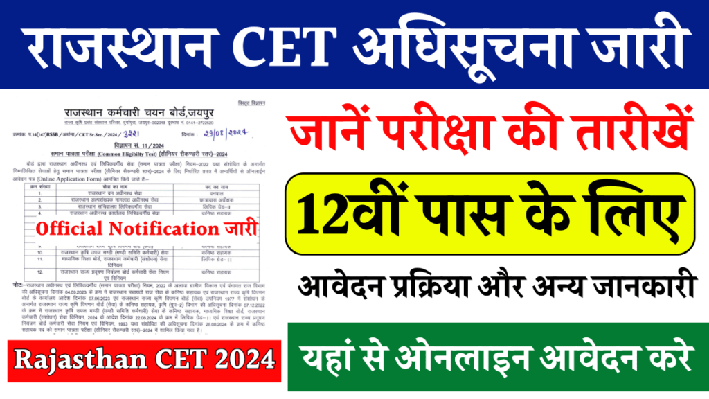 Rajasthan CET 2024: राजस्थान CET 12वीं पास के लिए अधिसूचना जारी, जानें परीक्षा की तारीखें, आवेदन प्रक्रिया और अन्य जानकारी